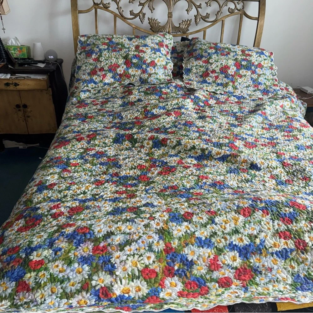 Cuddledown 3-Piece Quilt Pillow Shams Set Floral Daisies Poppy Queen Full Cotton